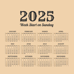 2025 year vintage calendar. Weeks start on sunday