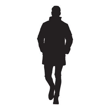 Man in winter jacket or coat walking forward, isolated vector silhouette