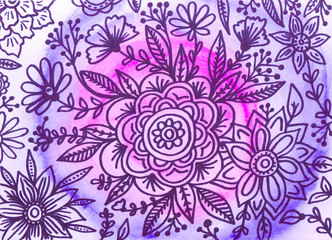 Fototapeta na wymiar Hand painted watercolor graphic design element. Floral doodles.