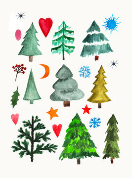 Hand painted watercolor graphic design element. Set of trees, hearts and snowflakes.