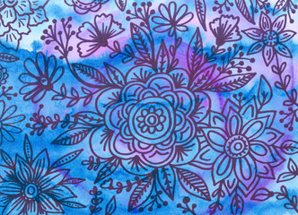 Hand painted watercolor graphic design element. Floral doodles.