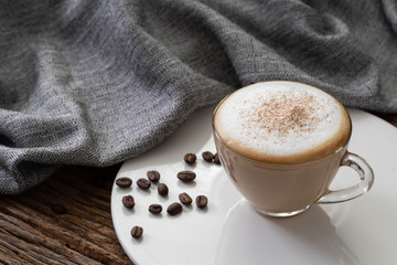 cappuccino coffee clear cup on wood background  for cafe coffee shop menu