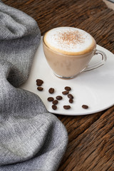 cappuccino coffee clear cup on wood background  for cafe coffee shop menu