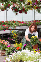 Young woman working in greenhouse and enjoying in beautiful flowers.