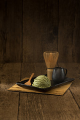 Fototapeta na wymiar green tea matcha ice cream japanese on tatami decoration style traditional sweet and cold