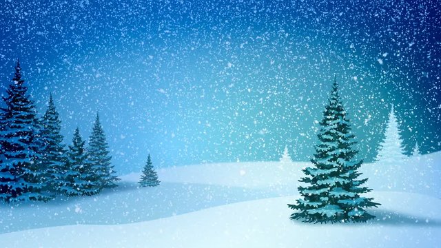 Snowfall, snow and fir trees covered with hoarfrost and snow in evening forest in winter. Looped motion graphic.