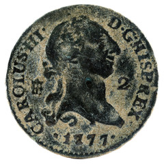 Ancient Spanish copper coin of the King Carlos III. 1777. Coined in Segovia. 2 Maravedis. Obverse.
