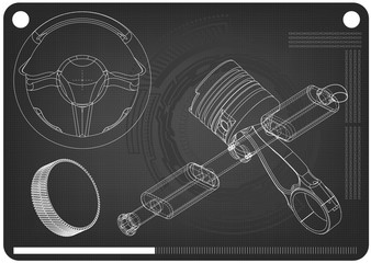 Steering wheel, piston and exhaust pipe