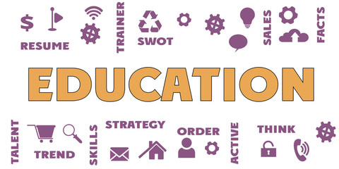 EDUCATION Panoramic Banner with icons and tags, words. Hi tech concept. Modern style
