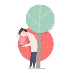 Man looks at the phone. Cartoon style. Vector illustration.