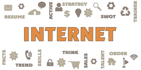 INTERNET Panoramic Banner with icons and tags, words. Hi tech concept. Modern style