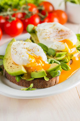 Avocado toast, cherry tomato and poached eggs on wooden background. Breakfast with vegetarian food, healthy diet concept.