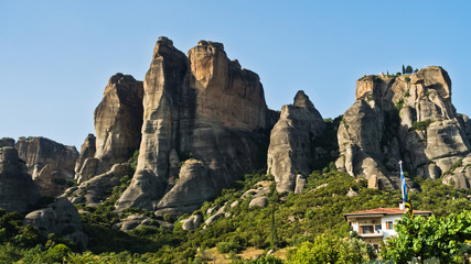 Huge rocks above village of Kalambaka, at Meteora valley in Thessaly, Greece