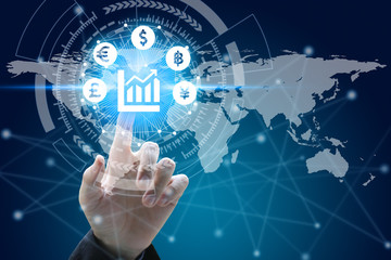 Businessman touch network using currency icon technology with virtual screen icons
