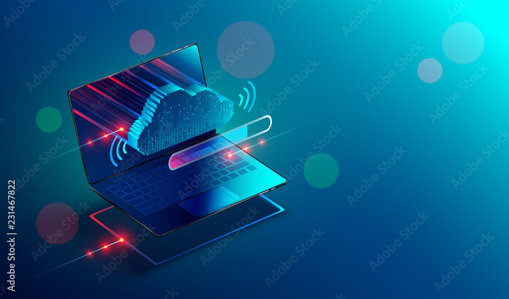 Poster Isometric laptop or notebook with icon or symbol of cloud technology. Progress upload and download data information in cloud storage of corporation network and sharing of data . Conceptual banner.