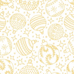 Seamless monochrome christmass pattern with balls and stars in gold