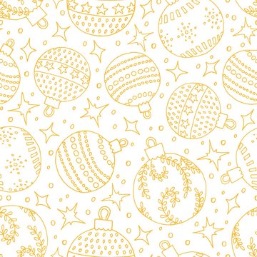Seamless monochrome christmass pattern with balls and stars in gold