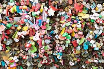 Fototapeta na wymiar areity of locked key at N Seoul tower on the Namsan mountain that people believe they will have the forever love if write the couple name on it