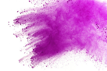 Abstract purple powder explosion on white background. abstract colored powder splatted, Freeze motion of violet powder exploding. Violet dust splatted.
