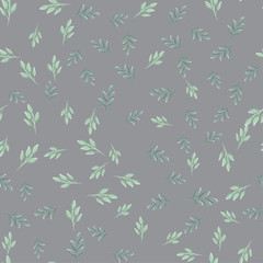vector seamless pattern with small green leaves on a light gray background