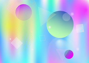 Obraz premium Holographic simple memphis vector background. Gradient unicorn horizontal color overlay. Minimal corporate identity geometric holograph pattern. Chaotic trendy bauhaus funky falling memphis layout.