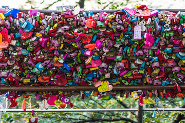 areity of locked key at N Seoul tower on the Namsan mountain that people believe they will have the...