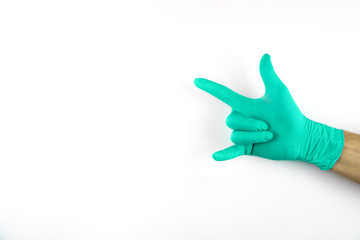 Male hand in medical glove on white background.