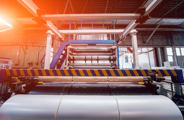 Modern automated production line in factory. Plastic bag manufacturing process