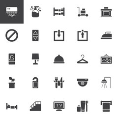 Hotel service vector icons set, modern solid symbol collection, filled style pictogram pack. Signs, logo illustration. Set includes icons as Liquid soap, Bunk bed, Not disturb hanger, Single bed, Bell