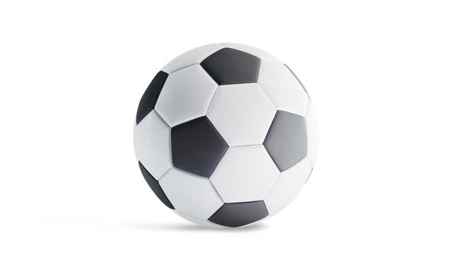 Blank white classic soccer ball mockup, looped rotation, 3d rendering. Empty leather sphere for football or volleyball mock up, front view. Rotating sport bal with checkers template, isolated.