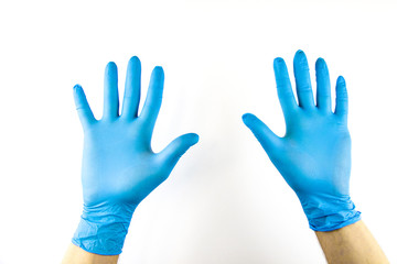 Fototapeta premium Male hand in medical glove on white background.