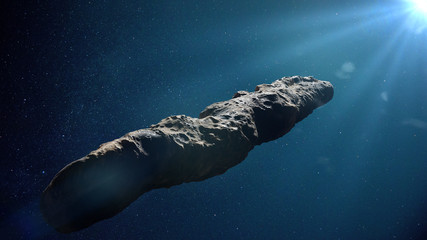 Oumuamua comet, interstellar object passing through the Solar System, unusual shaped asteroid (3d space rendering) - obrazy, fototapety, plakaty
