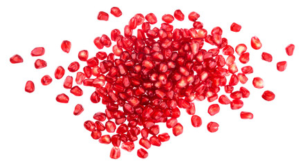 Pomegranate seeds isolated on white background, with empty space for text