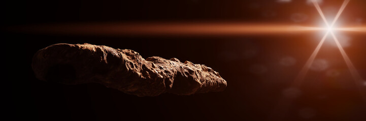 Oumuamua comet, interstellar object passing through the Solar System, unusual shaped asteroid (3d space rendering banner)