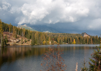 Fototapeta na wymiar Nature mountain scene with beautiful lake in Slovakia Tatra - Strbske pleso