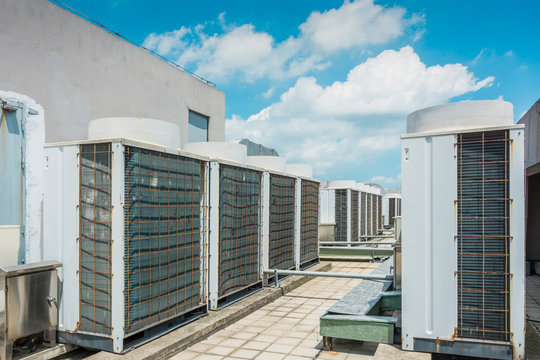 Outdoor row of Compressor HVAC Chiller Fan coil unit (FCU) of Air conditioning.