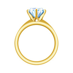 Golden engagement or wedding ring with a big, shiny diamond. Vector realistic illustration isolated on a white background.