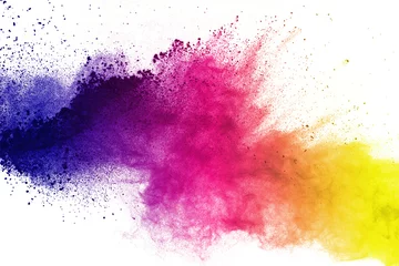 Freeze motion of colored powder explosions isolated on white background. © wooddy7