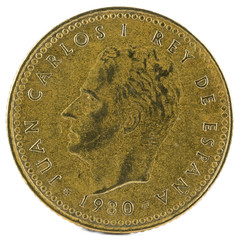 Old Spanish coin of 1 peseta, Juan Carlos I. Year 1980, 81 in the star. Obverse.