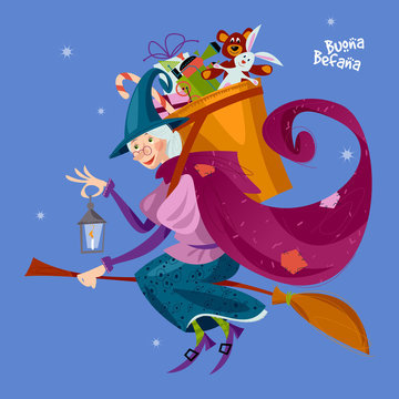 Befana. Old woman flying on a broomstick with a basket of gifts for children. Italian Christmas tradition.