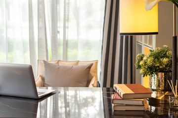 Home office and equipment for a comfortable and restful experience. Interior design.