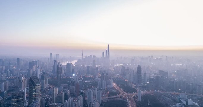 Aerial view of Shanghai at dawn, time lapse