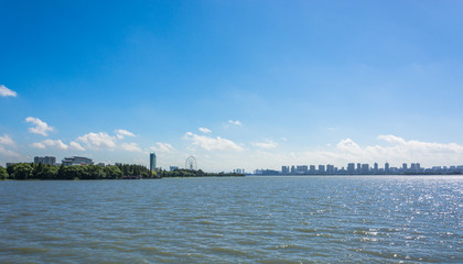 Beautiful Toronto skyline with CN Tower over lake. Canada.