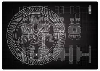 Car engine and wheel on a black