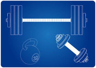 Barbell and dumbbell on a blue