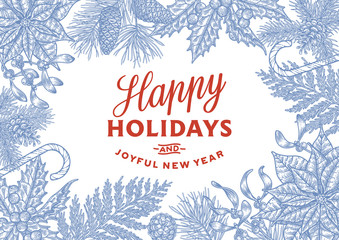 Engraving Christmas card with winter plants and berries. 