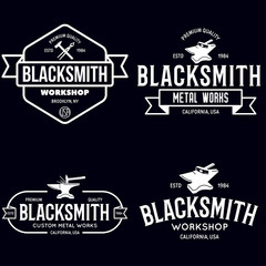 Blacksmith labels set. Design elements for metalworks service emblems, badges, logos. Monochrome seal collection.