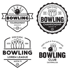 Set of vector vintage monochrome style bowling logo, icons and symbol. Bowling ball and bowling pins silhouettes. Trendy design elements.