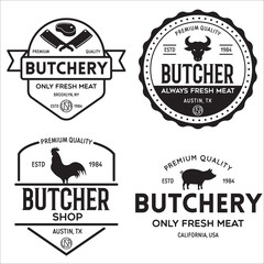 Butcher shop labels badges emblems set. Butchery store advertising design elements collection. Meat shop typography.