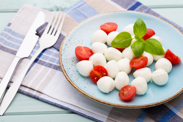 Delicious caprese salad with ripe cherry tomatoes and mini mozzarella cheese balls with fresh basil leaves.